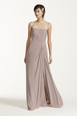 Long Strapless Crepe Dress with Brooch 