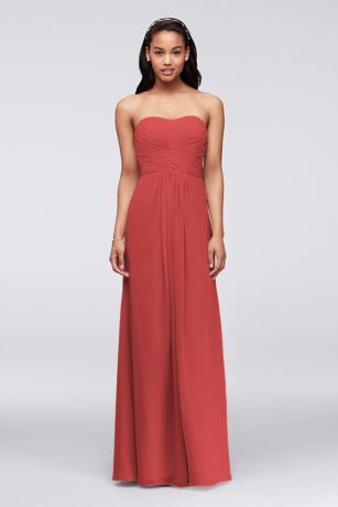 Picture of Long Strapless Chiffon Dress with Pleated Bodice