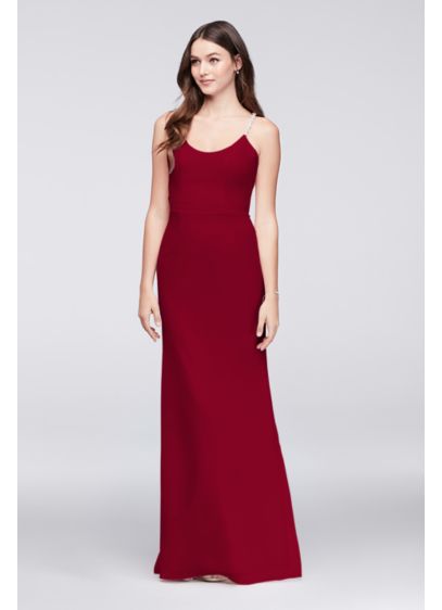 Chiffon Sheath Bridesmaid Dress with Beaded Straps David Chiffon Sheath Bridesmaid Dress with Beaded Straps David