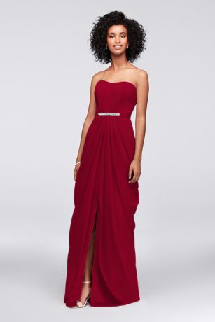 strapless chiffon bridesmaid dress with swag skirt