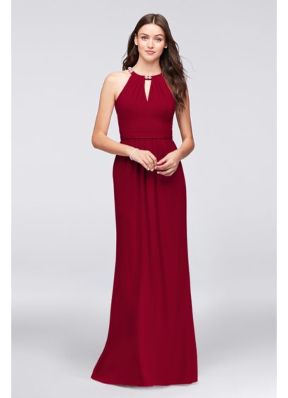 Crepe Halter  Bridesmaid  Dress  with Beaded Neckline David  Crepe Halter  Bridesmaid  Dress  with Beaded Neckline David