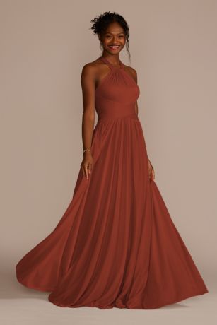Celebrate DB Studio High-Neck Mesh Bridesmaid Dress With Full Skirt in Cinnamon Size: 10 David's Bridal