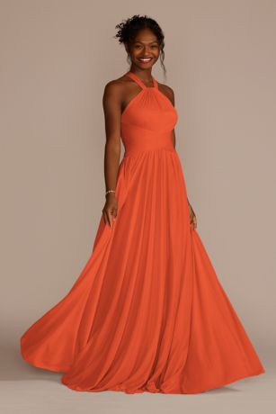Picture of Celebrate DB Studio High-Neck Mesh Bridesmaid Dress With Full Skirt in Sunset Coral Size: 14 David's Bridal