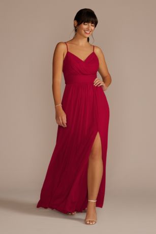 spaghetti strap ruched waist mesh bridesmaid dress