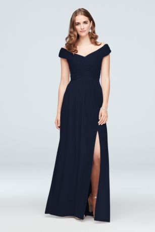 navy blue off the shoulder bridesmaid dress