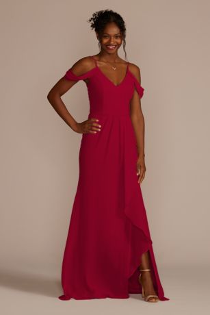 maroon off the shoulder bridesmaid dress