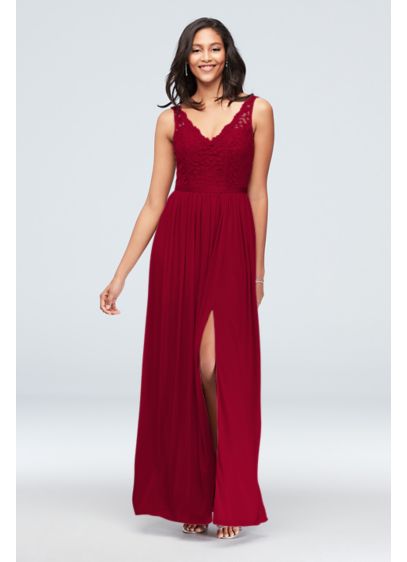 Lace and Mesh V-Neck Bridesmaid Dress - This long, flowy bridesmaid dress has a sexy
