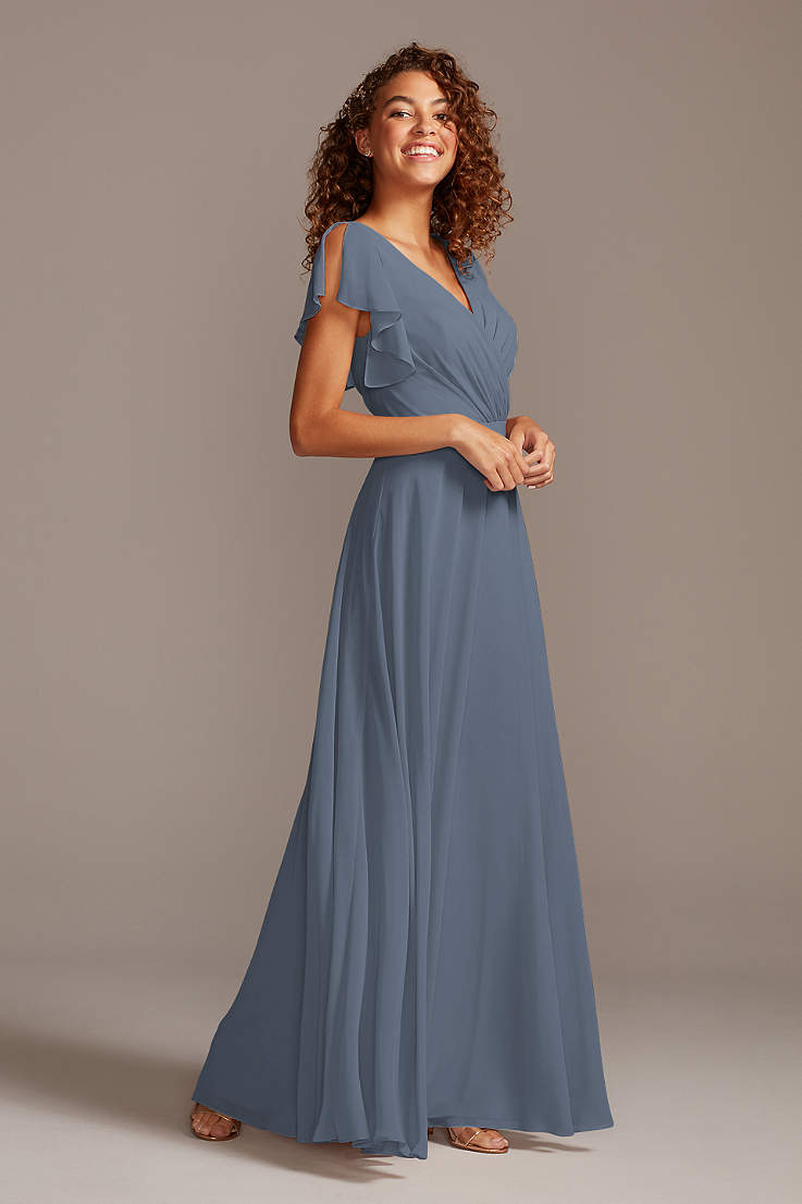 Blue Evening Dress. Chiffon Knee Length Dress Blue Bridesmaid Dress