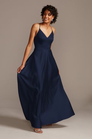 Picture of Spaghetti Strap Satin A-Line Long Bridesmaid Dress