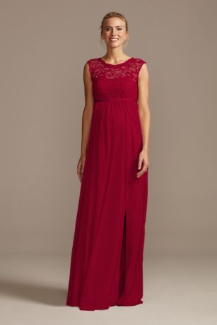 david's bridal long bridesmaid dress with lace bodice