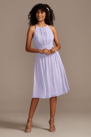 Picture of High Neck Pleated Short Length Bridesmaid Dress in Iris Size: 4 David's Bridal