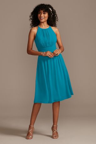 Picture of Short Length High Neck Pleated Bridesmaid Dress in Oasis Size: 18 David's Bridal