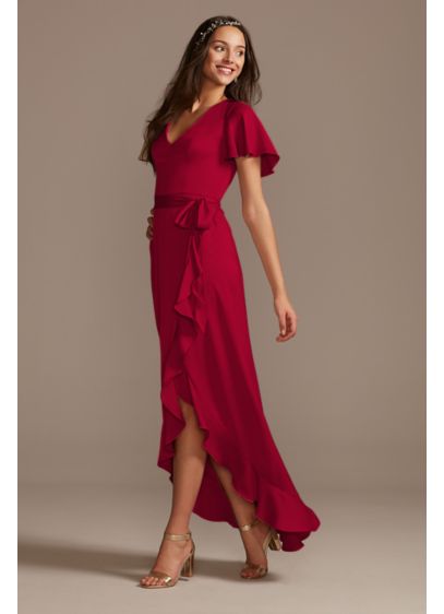 Flutter Sleeve Crepe Satin Ruffle Bridesmaid Dress - Crafted of crepe-back satin, this bridesmaid dress has