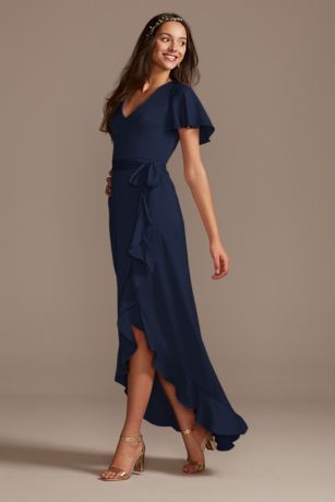 Picture of Flutter Sleeve Crepe Satin Ruffle Bridesmaid Dress