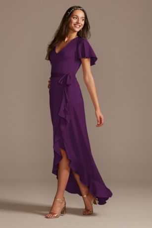 Picture of Flutter Sleeve Crepe Satin Ruffle Bridesmaid Dress