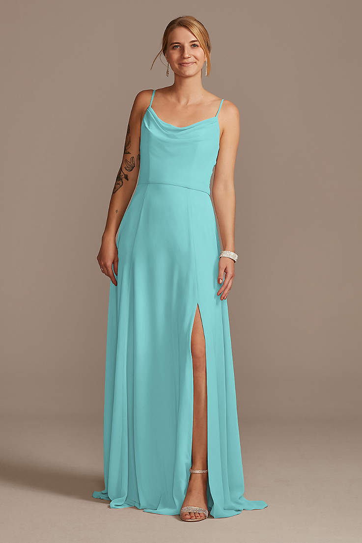 Andybridal A Line Pleat Chiffon Turquoise Long Wedding Bridesmaid Dress with Sleeves 