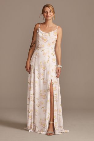 Picture of Cowl Neck Floral Print Chiffon Dress with Slit