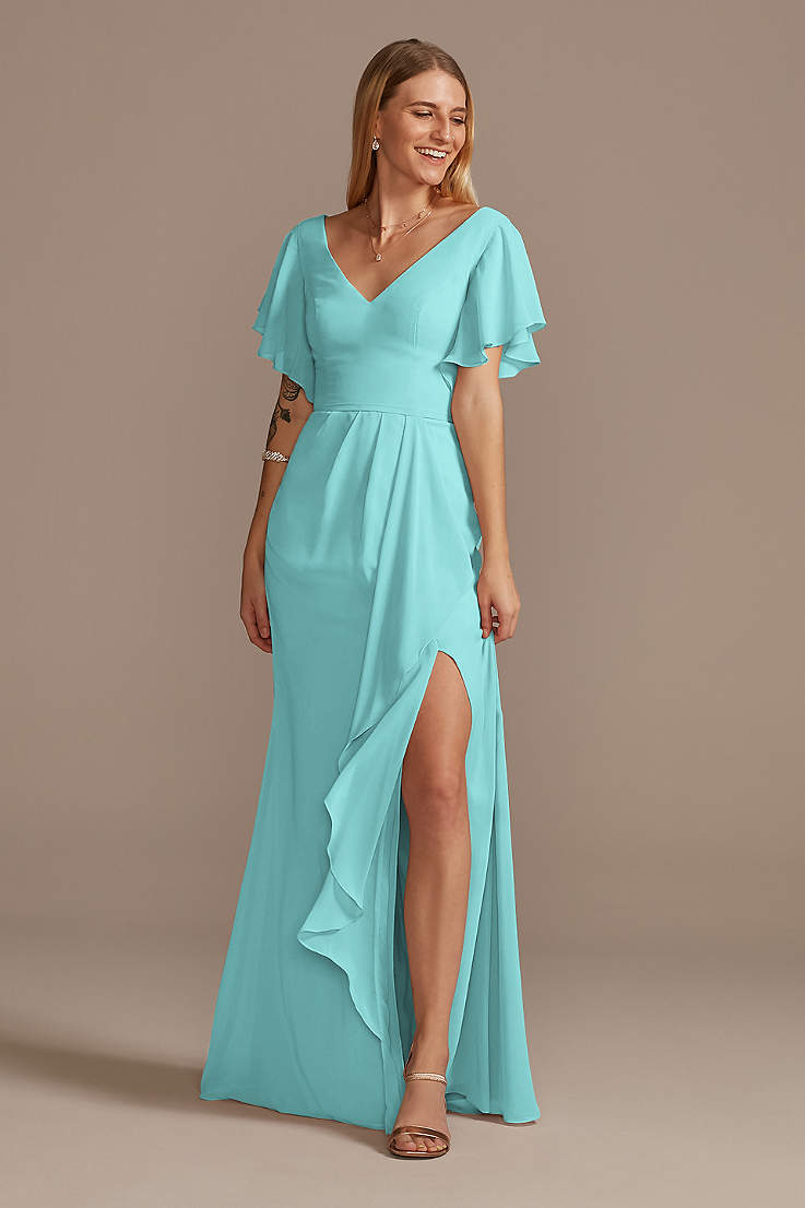 Andybridal A Line Pleat Chiffon Turquoise Long Wedding Bridesmaid Dress with Sleeves 