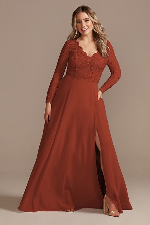Celebrate DB Studio Lace Chiffon Long-Sleeve Long Bridesmaid Dress