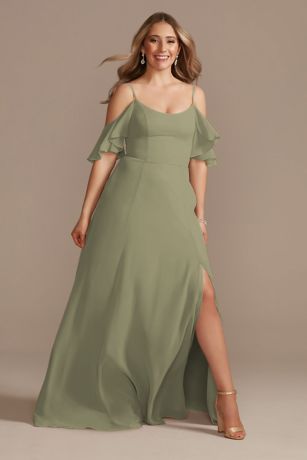 Celebrate DB Studio Cold-Shoulder Long Chiffon Dress in Eucalyptus Size: 24 David's Bridal