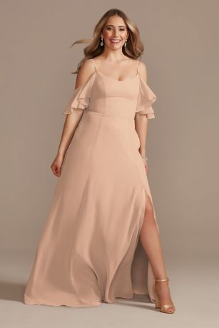 Celebrate DB Studio Cold-Shoulder Long Chiffon Dress in Sand Size: 26 David's Bridal