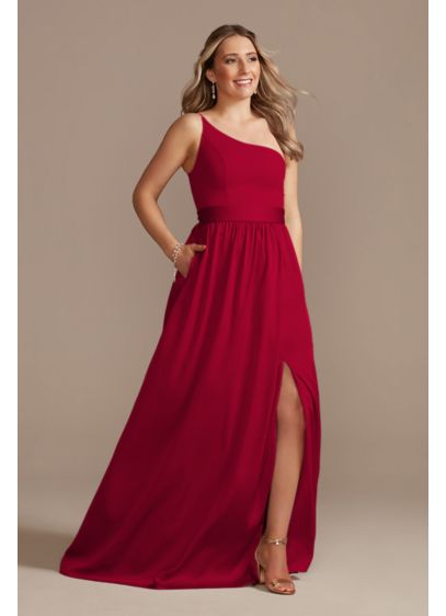 One-Shoulder Long Crepe Charmeuse Bridesmaid Dress - The crepe one-shoulder bodice and matte charmeuse full
