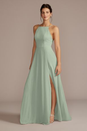 Celebrate DB Studio Chiffon High-Neck A-Line Dress in Dusty Sage Size: 24 David's Bridal