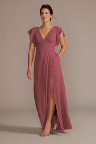 Celebrate DB Studio Flutter Sleeve Chiffon V-Neck Dress