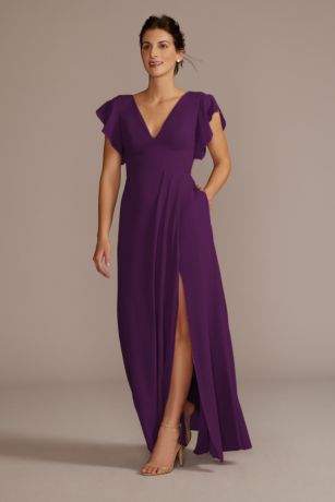 Celebrate DB Studio Flutter Sleeve Chiffon V-Neck Dress in Plum Size: 0 David's Bridal