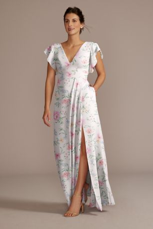 Picture of Flutter Sleeve Floral Print Chiffon V-Neck Dress