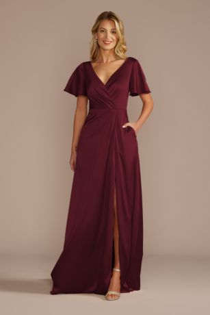 Celebrate DB Studio Short Sleeve Stretch Charmeuse Dress in Wine Size: 14 David's Bridal