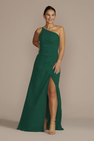 david's bridal long one shoulder crinkle chiffon dress Celebrate DB Studio Long One-Shoulder Crinkle Chiffon Dress in Ballet | Size: 10