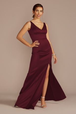 Celebrate DB Studio Stretch Satin V-Neck Tank Sheath Dress in Wine Size: 28 David's Bridal