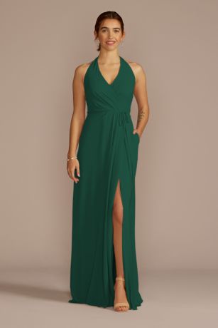 Celebrate DB Studio Chiffon Halter Faux Wrap A-Line Dress