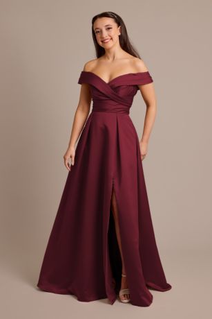 Celebrate DB Studio Satin Off-The-Shoulder Ball Gown Dress in Wine Size: 28 David's Bridal