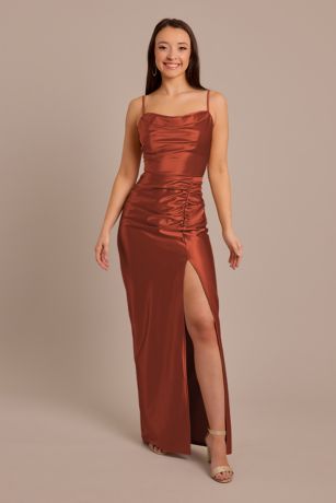 Picture of Sculpting Satin Cowl Neck Ruched Dress