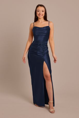 Picture of Sculpting Satin Cowl Neck Ruched Dress
