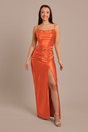 Picture of Celebrate DB Studio Sculpting Satin Cowl Neck Ruched Dress in Sunset Coral Size: 30 David's Bridal