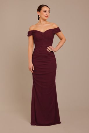 Celebrate DB Studio Mesh Off-The-Shoulder Ruched Dress in Wine Size: 2 David's Bridal