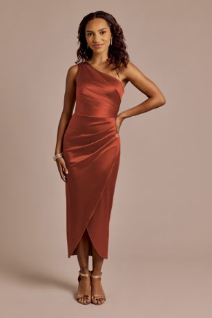 Picture of Draped One-Shoulder Sculpting Satin Midi Dress