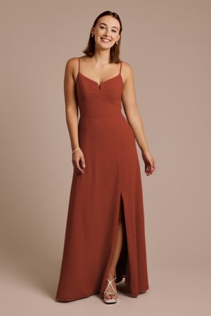 Celebrate DB Studio Chiffon Spaghetti Strap Sheath Dress in Cinnamon Size: 8 David's Bridal