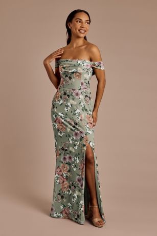 Picture of Floral Print Chiffon Off-the-Shoulder Draped Dress