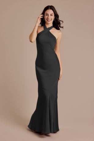 Picture of Celebrate DB Studio Matte Satin Y-Neck Bias Sheath Dress in Black Size: 18 David's Bridal