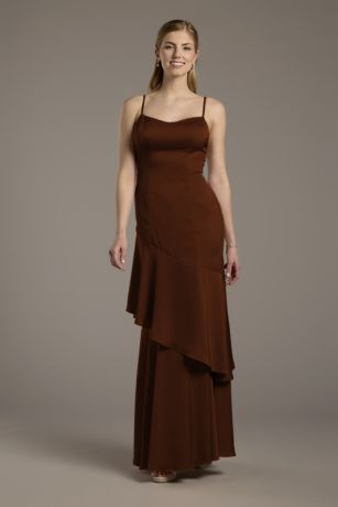 Picture of Celebrate DB Studio Matte Satin Tiered Skirt Sheath Dress in Chocolate Size: 0 David's Bridal