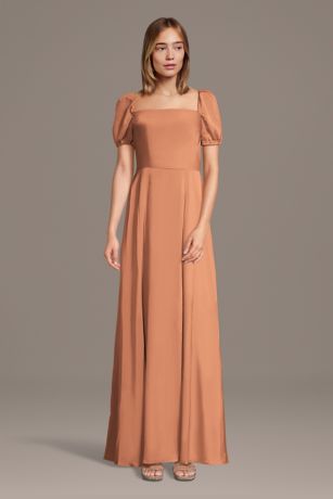Celebrate DB Studio Matte Satin Square Neck Billow Sleeve A-Line Dress in Terracotta Size: XS David's Bridal