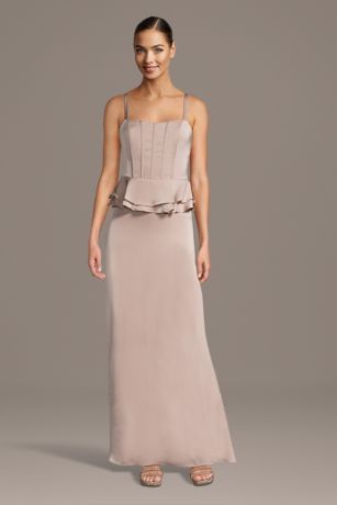 Celebrate DB Studio Matte Satin Corset Sheath Dress With Peplum in Sand Size: 1X David's Bridal