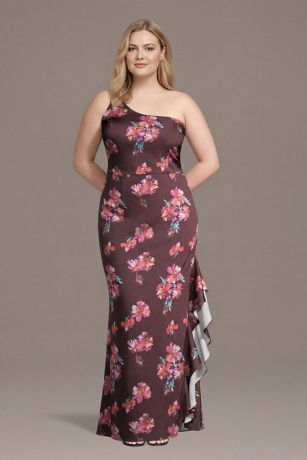 Picture of Floral Matte Satin One-Shoulder Sheath with Ruffle