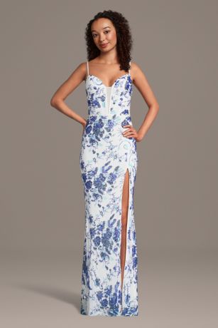 Picture of Illusion Plunge Floral Sequin Sheath Dress