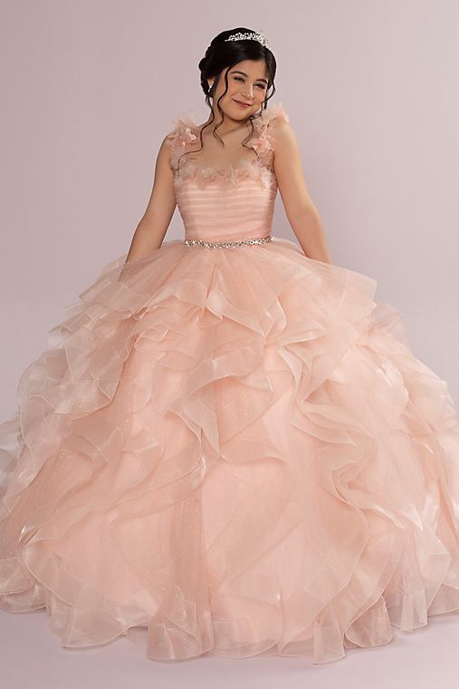 Fifteen Roses Ruffle Tulle Quince Dress with Convertible Straps