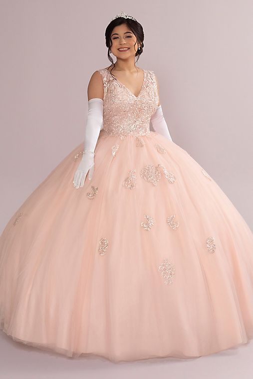Fifteen Roses Fairytale Ballgown with Embellished Lace Applique